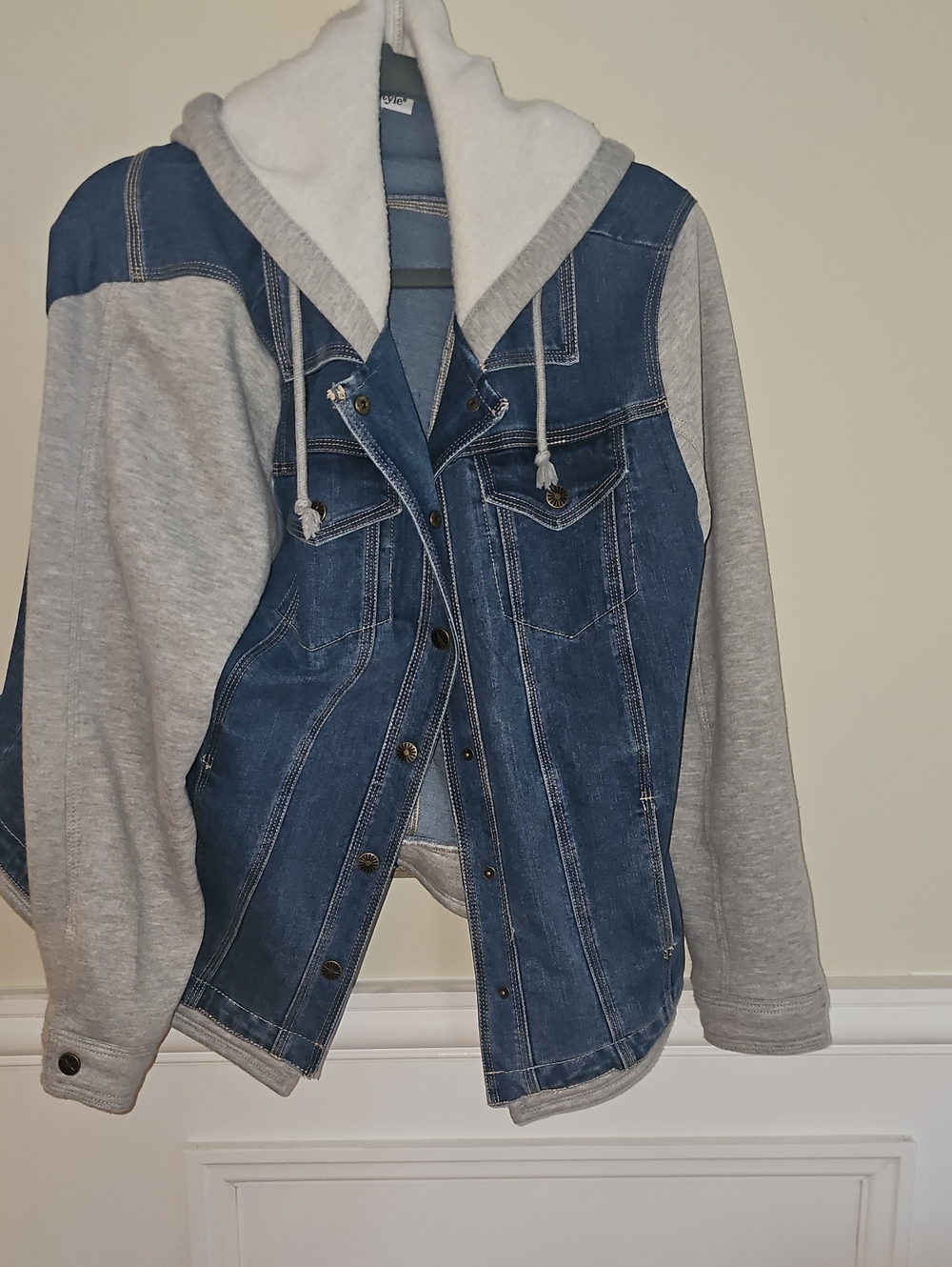 NorthStyle Blue Denim Jacket with Gray Hoodie Sleeves